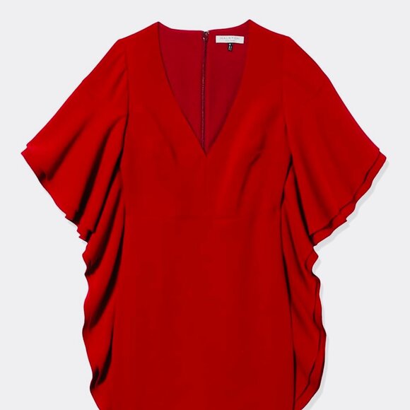 Halston V-Neck Flounce Sleeve Mini Dress (Red) size:12 - Picture 2 of 6
